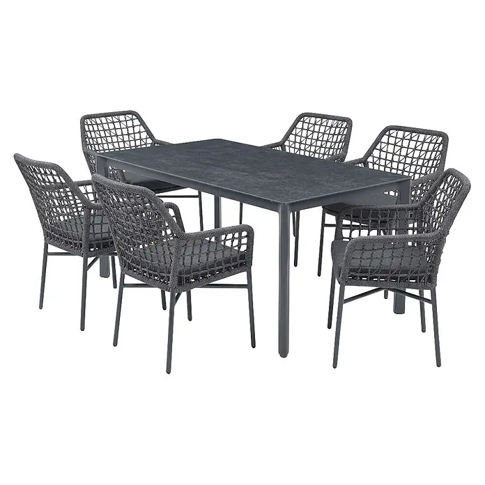 Acamp Gartenmöbel-Set Rom/Rom - 7 -tlg., Aluminium, TexRope, Anthrazit - Dunkelgraue Outdoor-Essgruppe mit rechteckigem Tisch und sechs geflochtenen Seilstühlen mit Kissen.