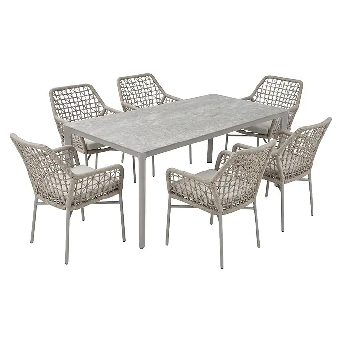 Acamp Gartenmöbel-Set Rom/Rom - 7 -tlg., Aluminium, TexRope, Grau, Beige - Gartenset mit rechteckigem, hellgrau strukturiertem Tisch und sechs hellgrauen geflochtenen Stühlen mit Kissen.