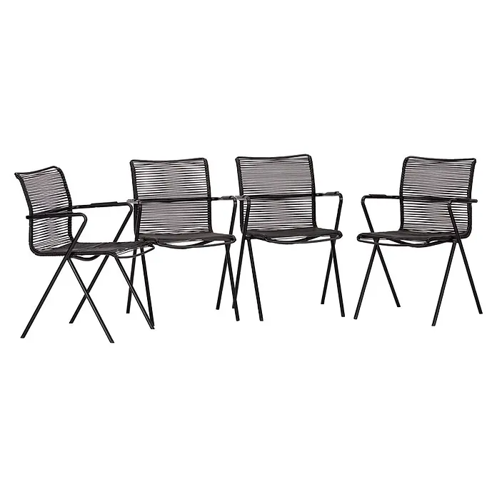 Acamp Stapelsessel Alpha Rope - 4 Stk., Stahlrohr, Anthrazit, 55 x 57 x 83 cm - Vier moderne schwarze Metallstühle mit geflochtenen Drahtlehnen und Sitzen, inklusive Armlehnen.