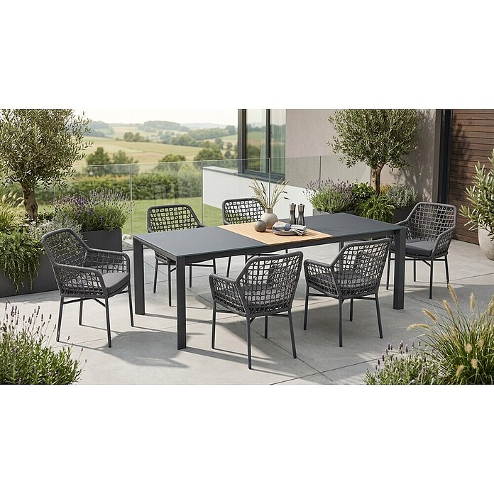 Acamp Gartenmöbel-Set Rom & Woody (7 -tlg., Aluminium, Sicherheitsglas, HPL-Laminat, Anthrazit, Ausziehbarer Tisch) | BAUHAUS