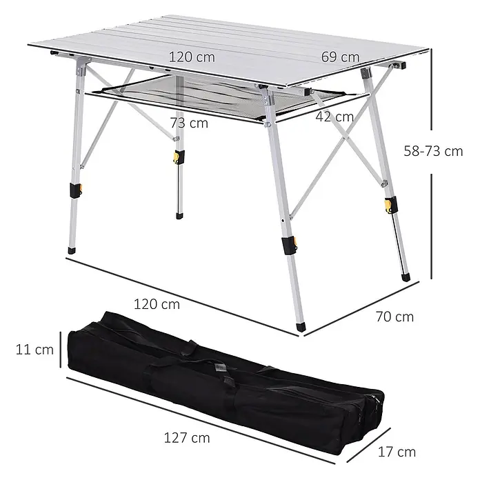 Outsunny Campingtisch - L x B x H: 120 x 69 x 78 cm, Aluminium, Netzstoff, Silber, Klappbar - Klappbarer Campingtisch aus silbernem Aluminium mit Netzablage, aufgebaut (120x69x58-73 cm) und in schwarzer Tragetasche (127x17x11 cm).