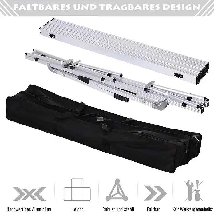 Outsunny Campingtisch - L x B x H: 120 x 69 x 78 cm, Aluminium, Netzstoff, Silber, Klappbar - Zerlegte, faltbare Tischkomponenten aus silbernem Aluminium und eine schwarze Tragetasche, die ihre Portabilität hervorheben.
