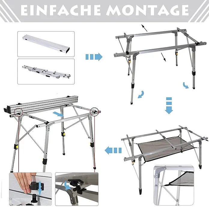 Outsunny Campingtisch - L x B x H: 120 x 69 x 78 cm, Aluminium, Netzstoff, Silber, Klappbar - Montageanleitung für einen silbernen Aluminium-Klappcampingtisch mit Netzablage.