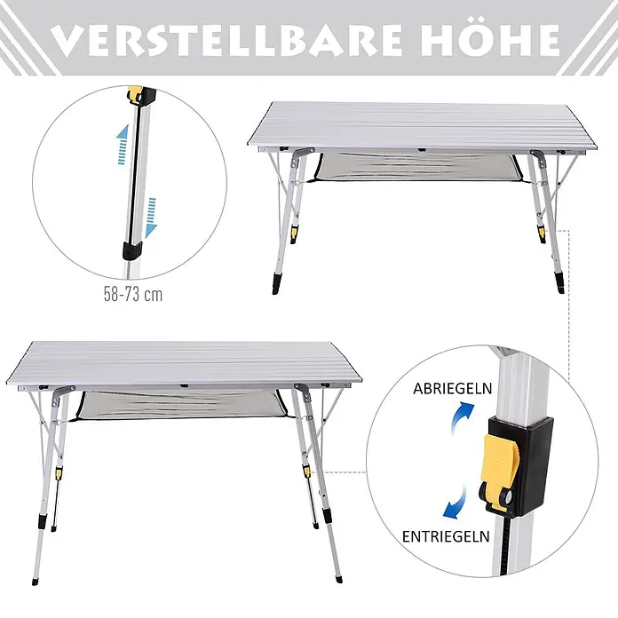 Outsunny Campingtisch - L x B x H: 120 x 69 x 78 cm, Aluminium, Netzstoff, Silber, Klappbar - Silberner Aluminium-Campingtisch mit höhenverstellbaren Beinen (58-73 cm), Netzablage und Beinverriegelung.
