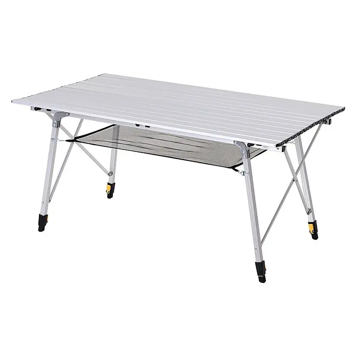 Outsunny Campingtisch - L x B x H: 120 x 69 x 78 cm, Aluminium, Netzstoff, Silber, Klappbar - Silberfarbener Klapp-Campingtisch aus Aluminium mit schwarzem Netz als Ablage und verstellbaren Füßen.