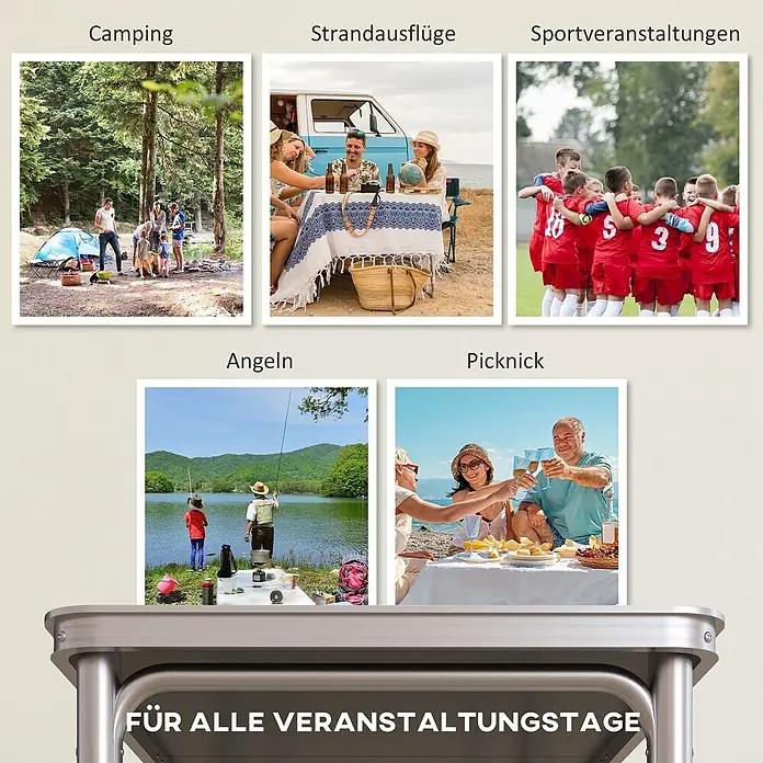 Outsunny Campingtisch - Aluminium, MDF, Schwarz, Klappbar - Silbergrauer tragbarer Klapptisch für verschiedene Outdoor-Aktivitäten wie Camping, Picknick, Strand, Angeln und Sportveranstaltungen.