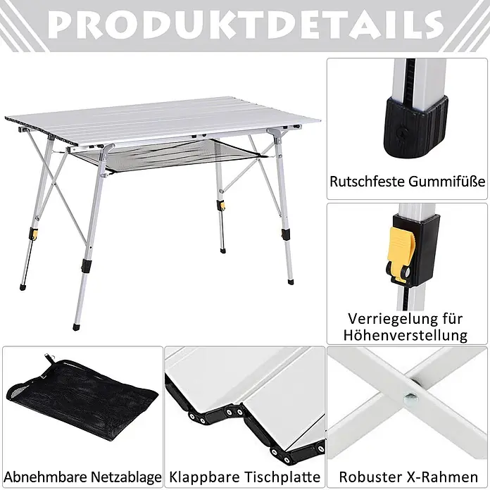 Outsunny Campingtisch - L x B x H: 120 x 69 x 78 cm, Aluminium, Netzstoff, Silber, Klappbar - Silberner Aluminium-Campingtisch mit schwarzem Netzregal, klappbarer Tischplatte, höhenverstellbaren Beinen, rutschfesten Füßen und robustem X-Rahmen.