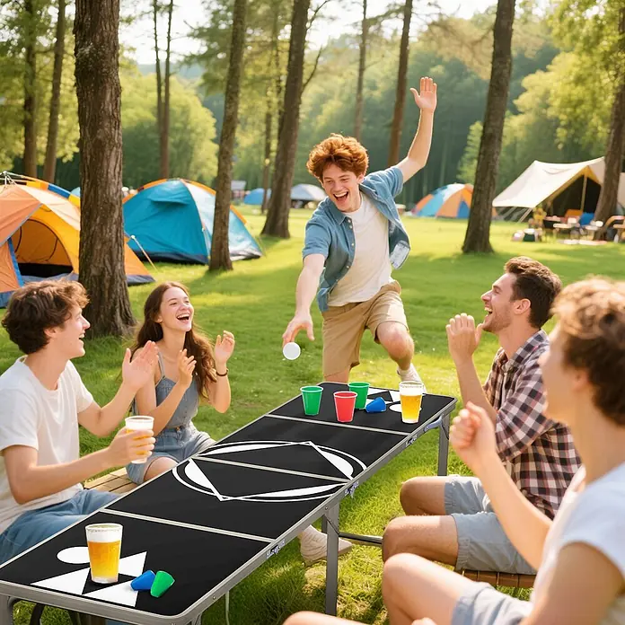 Outsunny Campingtisch - Aluminium, MDF, Schwarz, Klappbar - Schwarzer klappbarer Bierpong-Tisch mit weißen geometrischen Mustern, von Freunden im Freien genutzt.