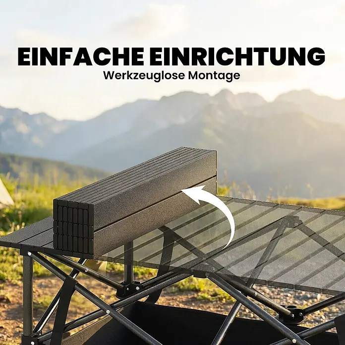 Outsunny Campingtisch - L x B x H: 93 x 55 x 68 cm, Metall, Aluminium, Schwarz, Klappbar - Schwarzer Lamellen-Campingtisch wird in bergiger Landschaft werkzeuglos aufgebaut.