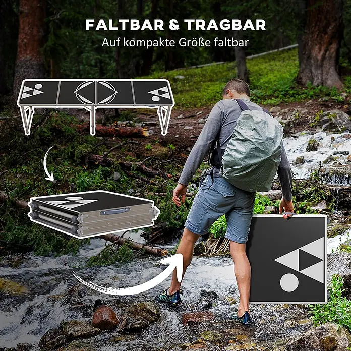 Outsunny Campingtisch - Aluminium, MDF, Schwarz, Klappbar - Eine Person trägt einen schwarz-grauen Klapptisch durch die Natur, gezeigt ausgeklappt und kompakt gefaltet.