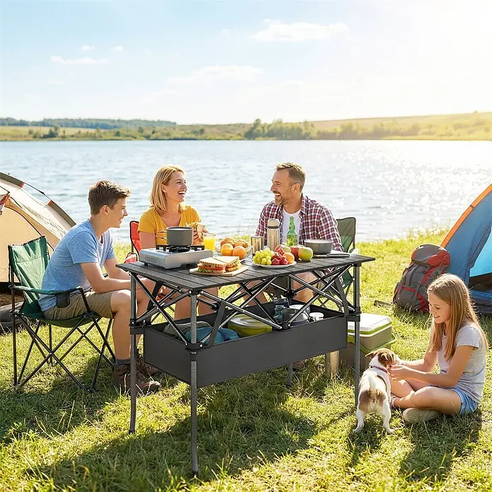 Outsunny Campingtisch - L x B x H: 93 x 55 x 68 cm, Metall, Aluminium, Schwarz, Klappbar - Eine Familie genießt eine Mahlzeit an einem dunkelgrauen, tragbaren Campingtisch mit Stauraum am See. Der Tisch hält Speisen und einen Kocher.