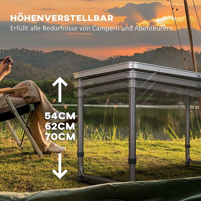 Outsunny Campingtisch - Aluminium, MDF, Schwarz, Klappbar - Höhenverstellbarer Campingtisch (54-70cm) in malerischer Outdoor-Umgebung.