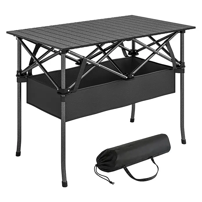 Outsunny Campingtisch - L x B x H: 93 x 55 x 68 cm, Metall, Aluminium, Schwarz, Klappbar - Dunkelgrauer tragbarer Campingtisch mit Lattenrostplatte, Netzablage und separater schwarzer Tragetasche.