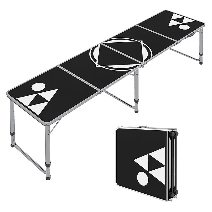 Outsunny Campingtisch - Aluminium, MDF, Schwarz, Klappbar - Schwarzer, klappbarer Bier-Pong-Tisch mit weißen geometrischen Designs, aufgeklappt und zusammengeklappt, mit silbernen Metallbeinen.
