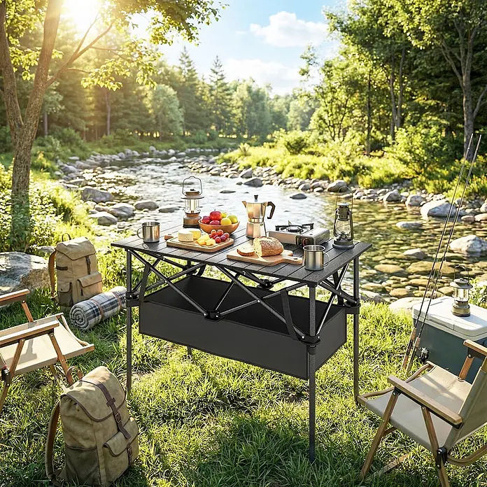 Outsunny Campingtisch - L x B x H: 93 x 55 x 68 cm, Metall, Aluminium, Schwarz, Klappbar - Schwarzer klappbarer Campingtisch mit Stauraum, am Flussufer mit Essen und Campingausrüstung.
