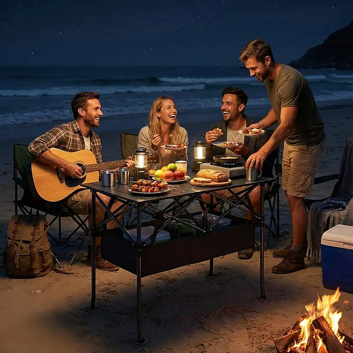 Outsunny Campingtisch - L x B x H: 93 x 55 x 68 cm, Metall, Aluminium, Schwarz, Klappbar - Dunkler Campingtisch mit Metallgestell und Stauraum, wird von Personen beim Essen und Zubereiten von Speisen am Strand bei Nacht genutzt.