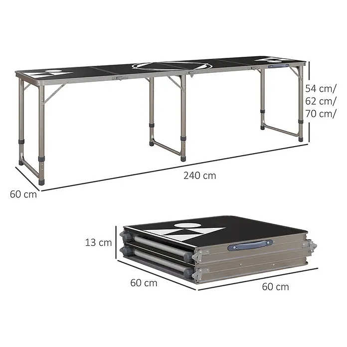 Outsunny Campingtisch - Aluminium, MDF, Schwarz, Klappbar - Schwarzer Klapptisch mit weißen Mustern, silbernem Aluminiumrahmen, höhenverstellbar. Ausgeklappt und zusammengeklappt gezeigt.