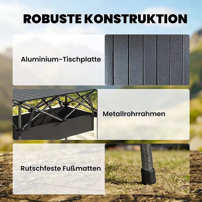 Outsunny Campingtisch - L x B x H: 93 x 55 x 68 cm, Metall, Aluminium, Schwarz, Klappbar - Robuster Klapptisch mit Aluminium-Tischplatte, Metallrohrrahmen und rutschfesten Füßen, in einer Außenumgebung dargestellt.