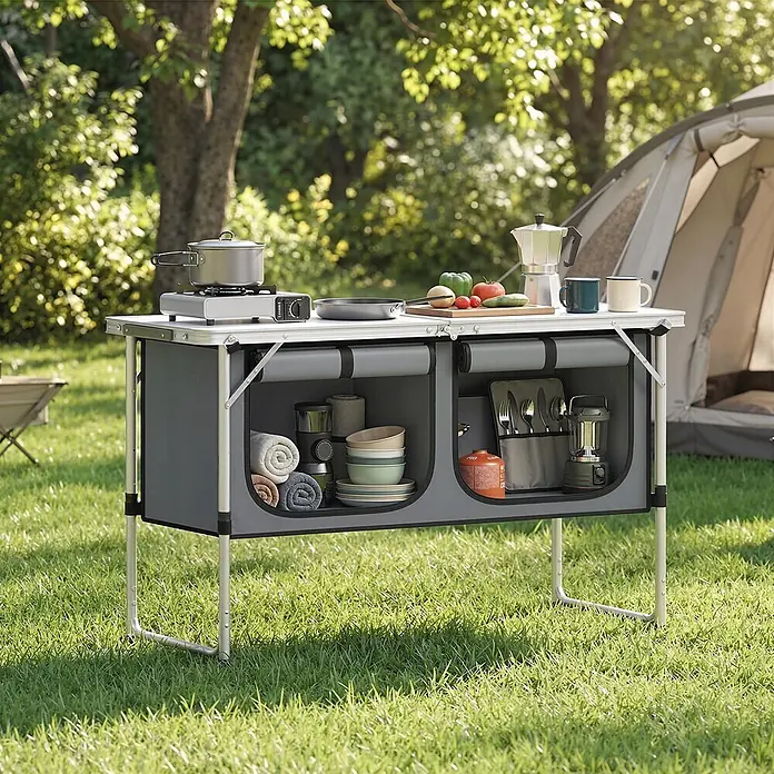 Outsunny Campingtisch - L x B x H: 120 x 47 x 70 cm, Aluminiumlegierung, Oxford, MDF, Silber, Klappbar - Grauer Campingküchentisch mit Aluminiumrahmen, weißer Platte und Staufächern, draußen bei einem Zelt.