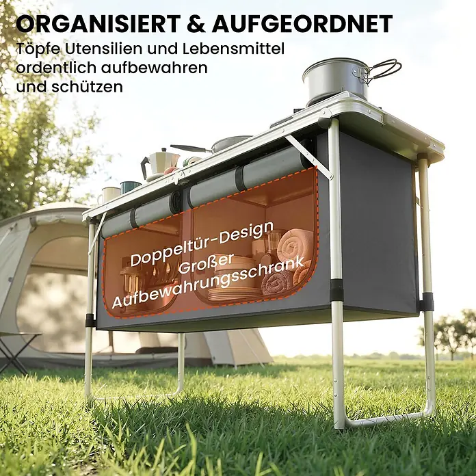 Outsunny Campingtisch - L x B x H: 120 x 47 x 70 cm, Aluminiumlegierung, Oxford, MDF, Silber, Klappbar - Grauer Stoff-Campingküchenschrank mit Doppeltür-Staufach und Metallrahmen, draußen stehend.