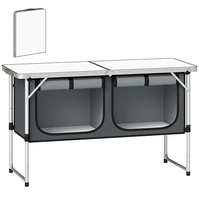 Outsunny Campingtisch - L x B x H: 120 x 47 x 70 cm, Aluminiumlegierung, Oxford, MDF, Silber, Klappbar - Klappbarer Campingtisch mit Alurahmen, weißer Tischplatte und zwei grauen Stofffächern.