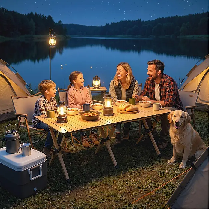 Outsunny Campingtisch - Aluminium, Eiche, Klappbar - Familie und Hund genießen eine Mahlzeit an einem faltbaren Campingtisch und Stühlen mit Laternen an einem See bei Nacht.
