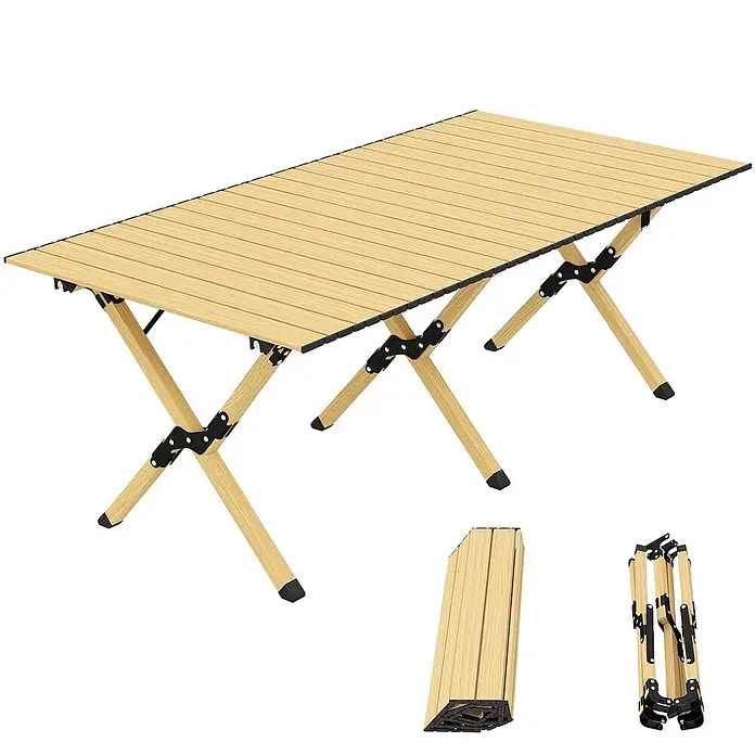 Outsunny Campingtisch - Aluminium, Eiche, Klappbar - Faltbarer Campingtisch mit heller Holzoptik-Lamellenplatte und schwarzem Gestell, aufgebaut und zusammengeklappt.