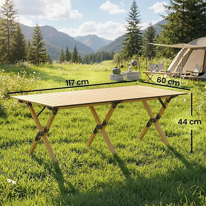 Outsunny Campingtisch - Aluminium, Eiche, Klappbar - Klappbarer Campingtisch aus Holz mit Lattenplatte, im Freien. Maße: 117x60x44 cm.