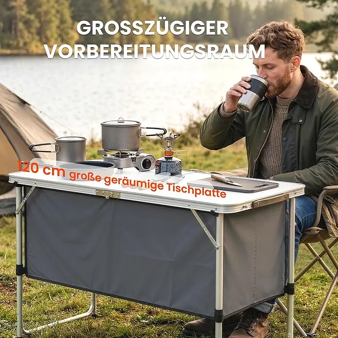 Outsunny Campingtisch - L x B x H: 120 x 47 x 70 cm, Aluminiumlegierung, Oxford, MDF, Silber, Klappbar - Geräumiger 120 cm Campingtisch mit weißer Platte und grauer Ablage. Ideal für die Essenszubereitung beim Camping.