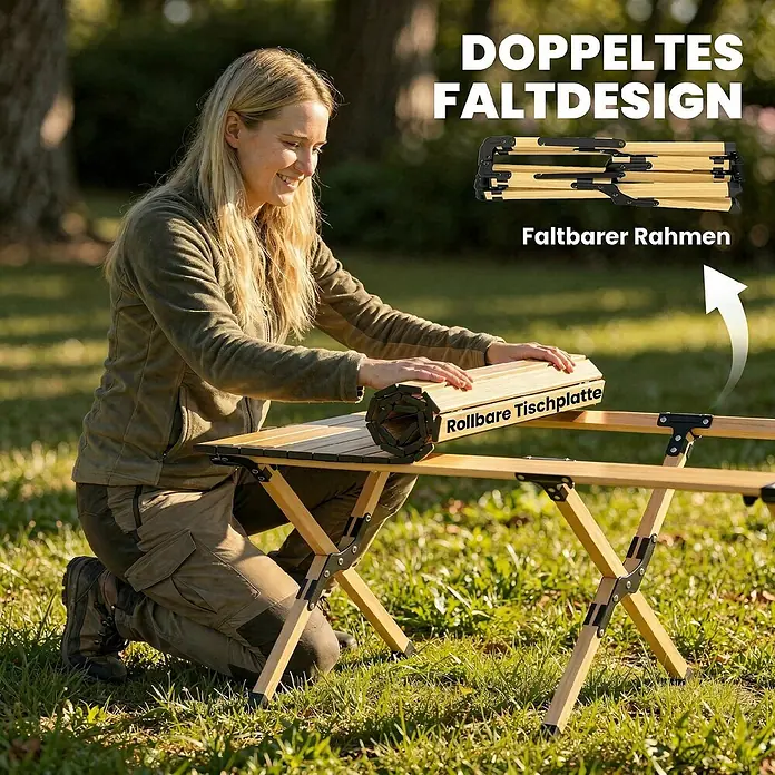 Outsunny Campingtisch - Aluminium, Eiche, Klappbar - Eine Frau baut einen hölzernen, rollbaren Campingtisch im Freien auf. Er hat einen faltbaren Rahmen.