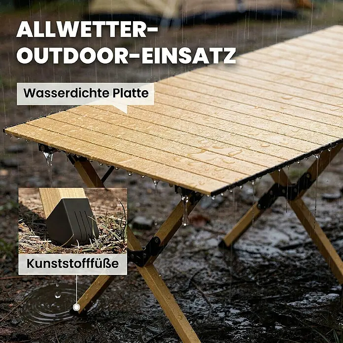 Outsunny Campingtisch - Aluminium, Eiche, Klappbar - Tragbarer hellbrauner Outdoor-Tisch mit wasserdichter Platte und Kunststofffüßen, im Regen.