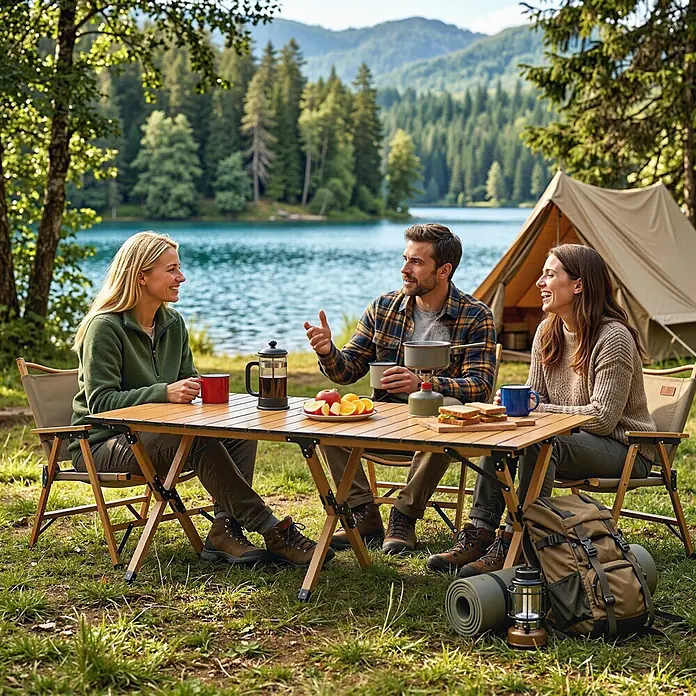 Outsunny Campingtisch - Aluminium, Eiche, Klappbar - Drei Personen frühstücken an einem faltbaren Campingtisch und Stühlen aus Holz am See. Campingausrüstung ist in der Nähe sichtbar.