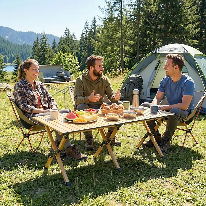 Outsunny Campingtisch - Aluminium, Eiche, Klappbar - Drei Personen genießen eine Mahlzeit an einem Holzlatten-Campingtisch mit passenden Klappstühlen in der Natur.