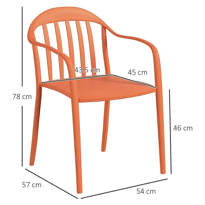 Outsunny Gartenstuhl-Set - 4 Stk., Kunststoff, Stapelbar, Rot, B x T x H: 54 x 57 x 78 cm - Oranger Sessel mit Maßen: geschwungene Rückenlehne, integrierte Armlehnen.