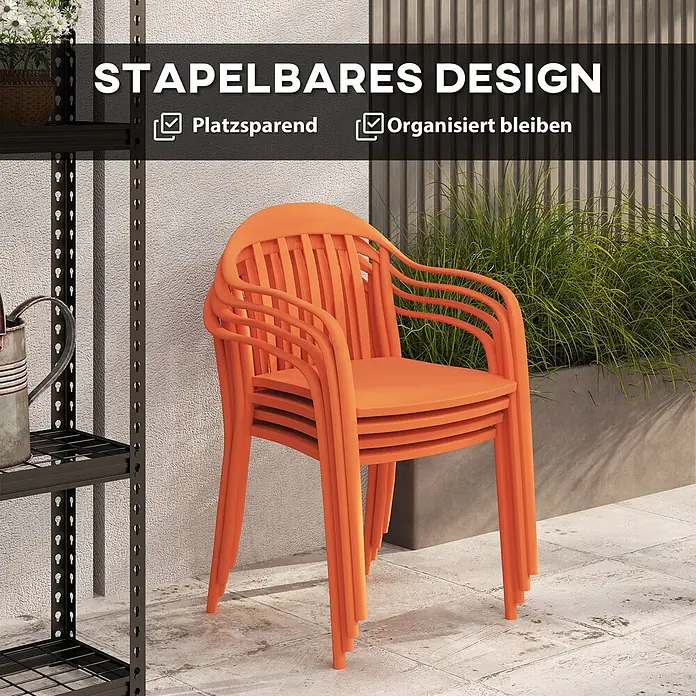 Outsunny Gartenstuhl-Set - 4 Stk., Kunststoff, Stapelbar, Rot, B x T x H: 54 x 57 x 78 cm - Stapel orangefarbener Outdoor-Stühle aus Kunststoff, platzsparend und leicht zu verstauen.