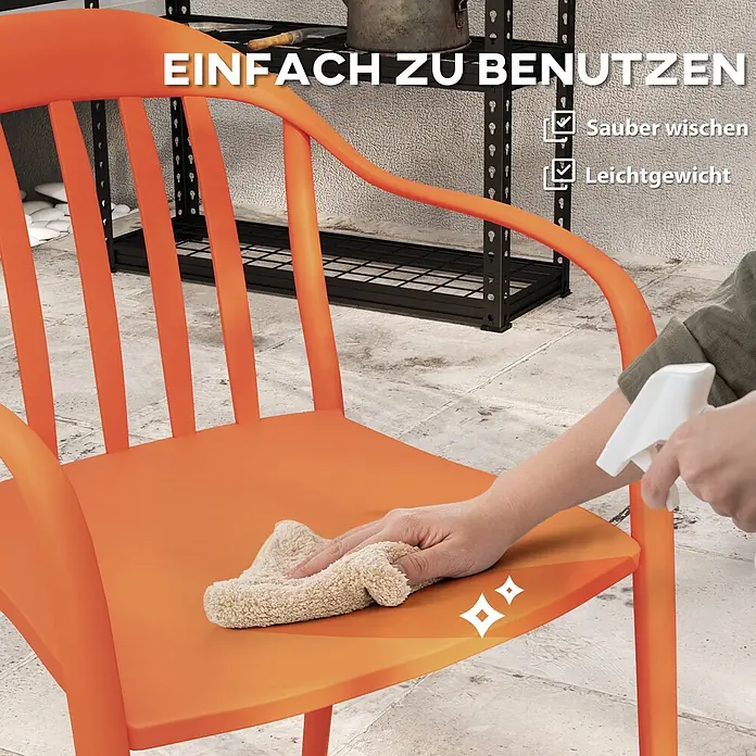 Outsunny Gartenstuhl-Set - 4 Stk., Kunststoff, Stapelbar, Rot, B x T x H: 54 x 57 x 78 cm - Ein orangefarbener Stuhl wird von einer Hand abgewischt, was seine pflegeleichte Oberfläche hervorhebt.