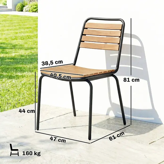 Outsunny Gartenstuhl-Set - 2 Stk., Stahl, Eukalyptusholz, Stapelbar, Schwarz, Braun - Schwarzer Metallstuhl mit hellen Holzlatten. 81cm H, 44cm Sitz H, 38,5cm Sitz B, 40,5cm Sitz T, 61cm Gesamt T, 47cm Gesamt B, 160kg Tragkraft.