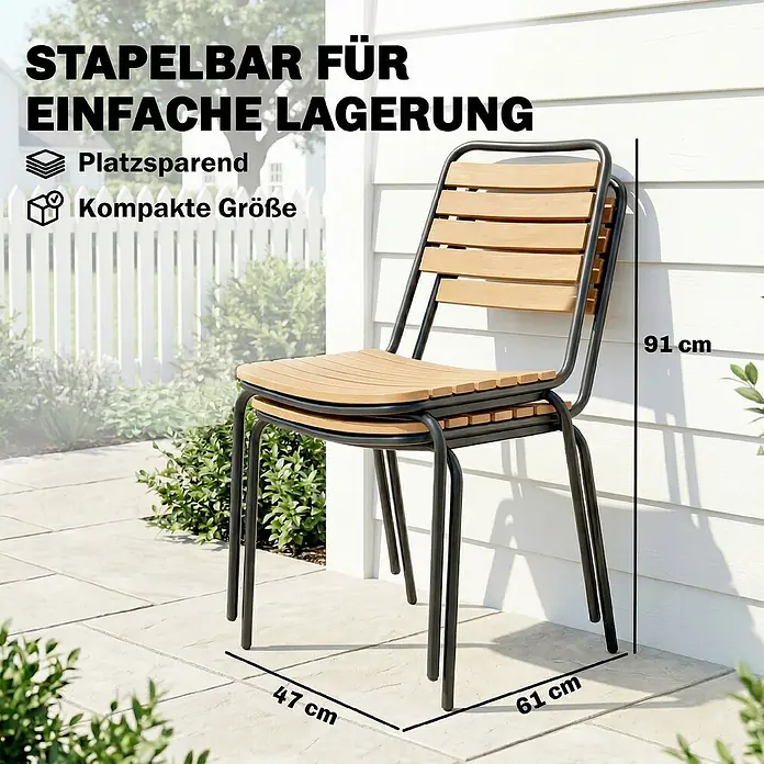 Outsunny Gartenstuhl-Set - 2 Stk., Stahl, Eukalyptusholz, Stapelbar, Schwarz, Braun - Zwei stapelbare Gartenstühle aus Holzleisten und dunklem Metallrahmen, mit Maßen H 91 cm, T 61 cm, B 47 cm.