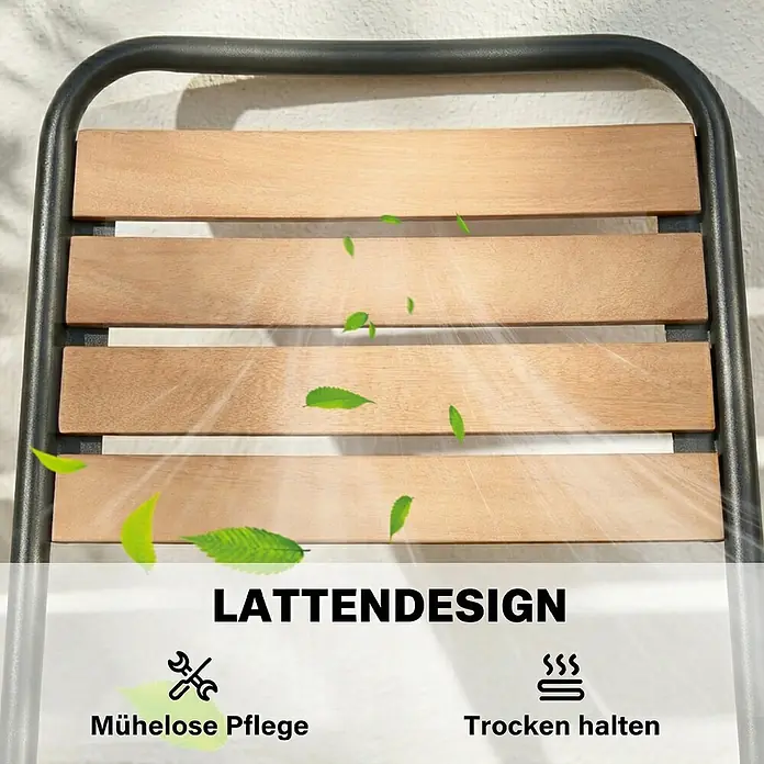 Outsunny Gartenstuhl-Set - 2 Stk., Stahl, Eukalyptusholz, Stapelbar, Schwarz, Braun - Nahaufnahme von hellbraunen Holzlatten in einem dunklen Metallrahmen, mit Blättern und Lichtstrahlen für Atmungsaktivität und schnelles Trocknen.
