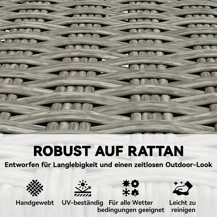 Outsunny Gartenstuhl-Set - 2 Stk., Akazienholz, PE-Rattan, Klappbar, Grau, Braun - Nahaufnahme von grauem, geflochtenem Rattanmaterial, das seine Robustheit und Wetterbeständigkeit für den Außenbereich hervorhebt.