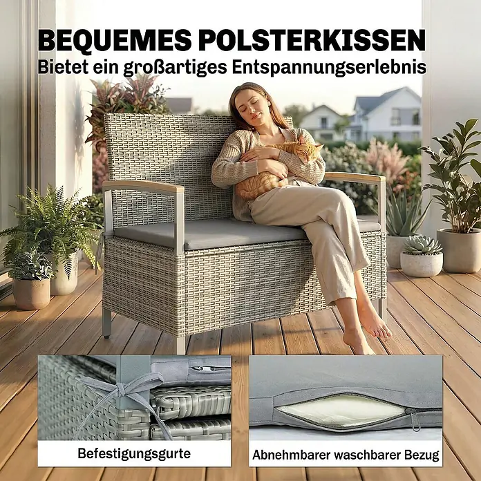 Outsunny Gartenbank mit integrierter Aufbewahrungsbox - B x T x H: 60 x 60 x 84 cm, PE-Rattan, Stahl, Akazienholz, Polyester, Hellgrau - Bequeme graue Rattan-Sitzbank für den Außenbereich mit Kissen, zeigt Befestigungsgurte und waschbaren Bezug.