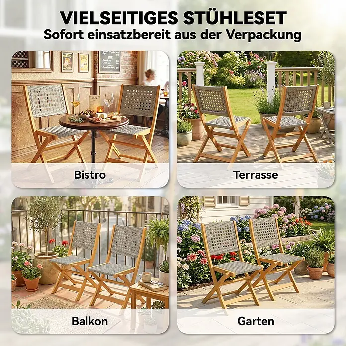 Outsunny Gartenstuhl-Set - 2 Stk., Akazienholz, PE-Rattan, Klappbar, Grau, Braun - Vielseitiges Klappstuhlset aus Holz und Geflecht, in vier verschiedenen Umgebungen (Bistro, Terrasse, Balkon, Garten) gezeigt.
