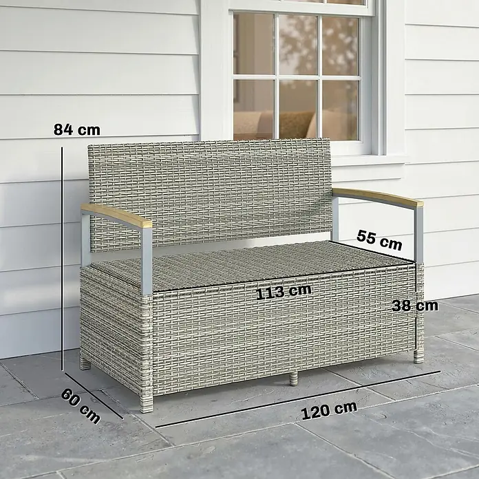 Outsunny Gartenbank mit integrierter Aufbewahrungsbox - B x T x H: 60 x 60 x 84 cm, PE-Rattan, Stahl, Akazienholz, Polyester, Hellgrau - Graue Rattan-Sitzbank mit Stauraum und Holzarmlehnen, mit Maßangaben für Länge, Breite und Höhe.
