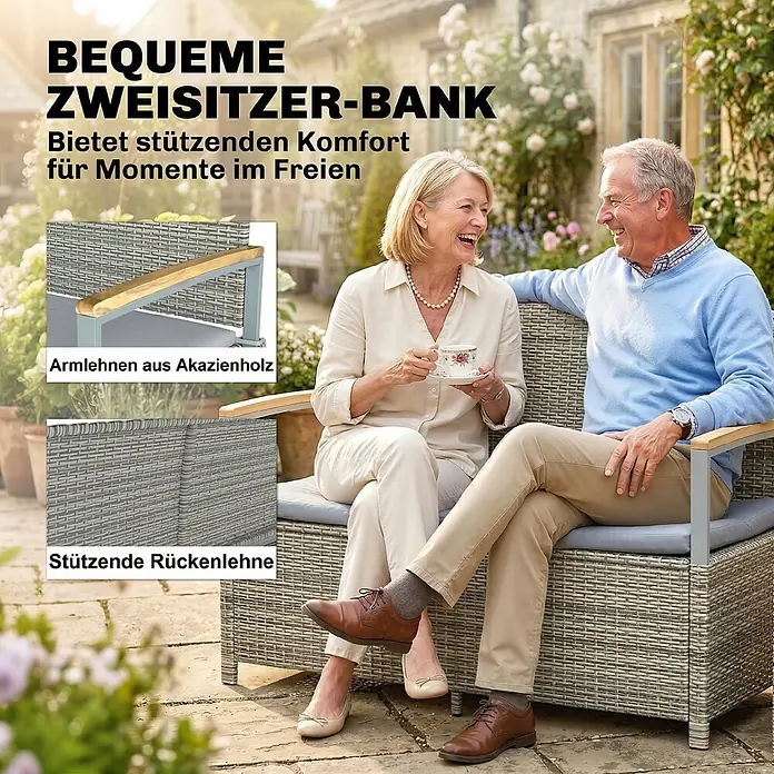 Outsunny Gartenbank mit integrierter Aufbewahrungsbox - B x T x H: 60 x 60 x 84 cm, PE-Rattan, Stahl, Akazienholz, Polyester, Hellgrau - Zwei Personen entspannen auf einer bequemen grauen Zweisitzer-Gartenbank aus geflochtenem Rattan mit Armlehnen aus Akazienholz im Freien.