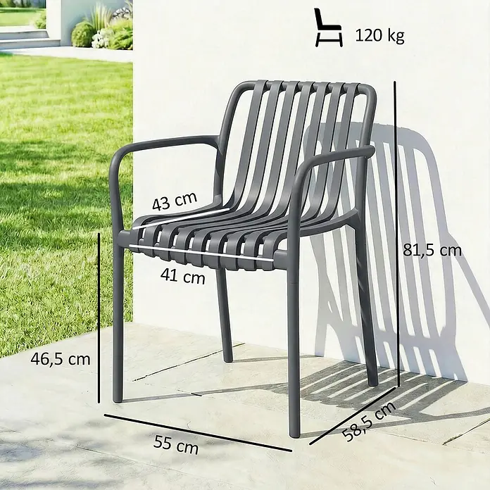 Outsunny Gartenstuhl-Set - 4 Stk., Kunststoff, Stapelbar, Dunkelgrau - Grauer Gartenstuhl mit Armlehnen. Maße: H 81,5, B 55, T 58,5 cm; Sitz: H 46,5, B 43, T 41 cm; 120 kg Traglast.