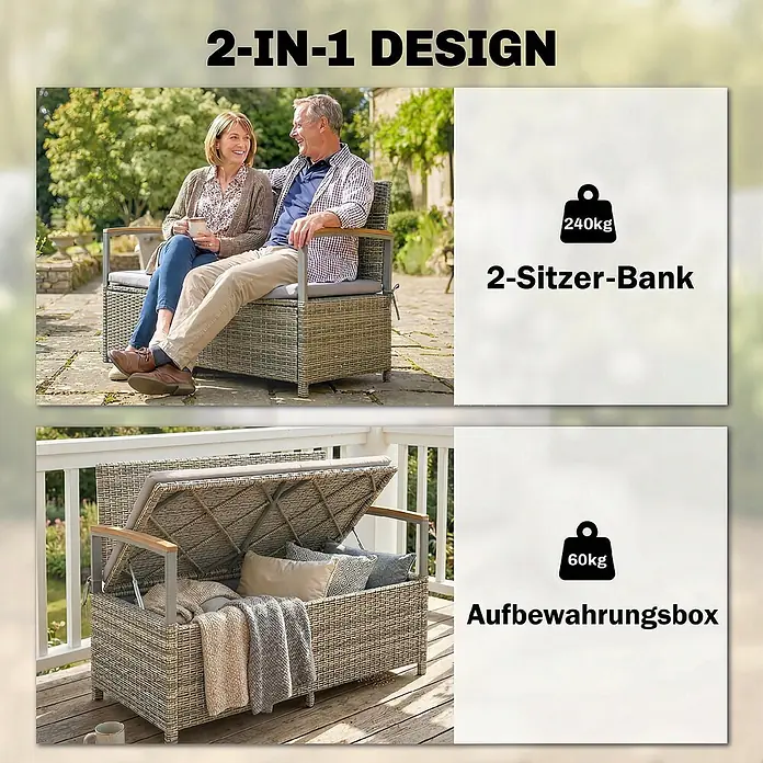 Outsunny Gartenbank mit integrierter Aufbewahrungsbox - B x T x H: 60 x 60 x 84 cm, PE-Rattan, Stahl, Akazienholz, Polyester, Hellgrau - Geflochtene Outdoor-Bank mit Kissen, doppelter Nutzen als 2-Sitzer und Aufbewahrungsbox.