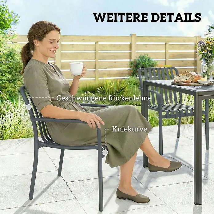 Outsunny Gartenstuhl-Set - 4 Stk., Kunststoff, Stapelbar, Dunkelgrau - Ergonomischer grauer Outdoor-Stuhl mit geschwungener Rückenlehne und Kniekurve, auf einer Terrasse genutzt.