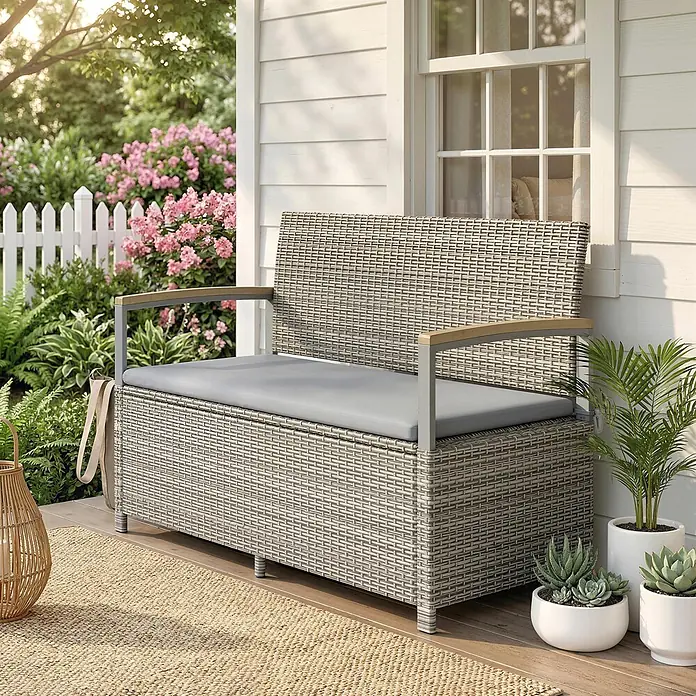 Outsunny Gartenbank mit integrierter Aufbewahrungsbox - B x T x H: 60 x 60 x 84 cm, PE-Rattan, Stahl, Akazienholz, Polyester, Hellgrau - Graue geflochtene Outdoor-Sitzbank mit hellgrauem Kissen und Holzarmlehnen, auf einer Veranda platziert.