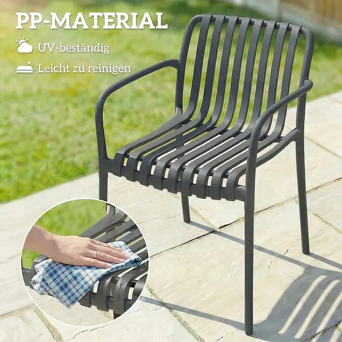 Outsunny Gartenstuhl-Set - 4 Stk., Kunststoff, Stapelbar, Dunkelgrau - Dunkelgrauer PP-Gartenstuhl mit Lamellen, UV-beständig & leicht zu reinigen. Eine Hand wischt die Sitzfläche ab.