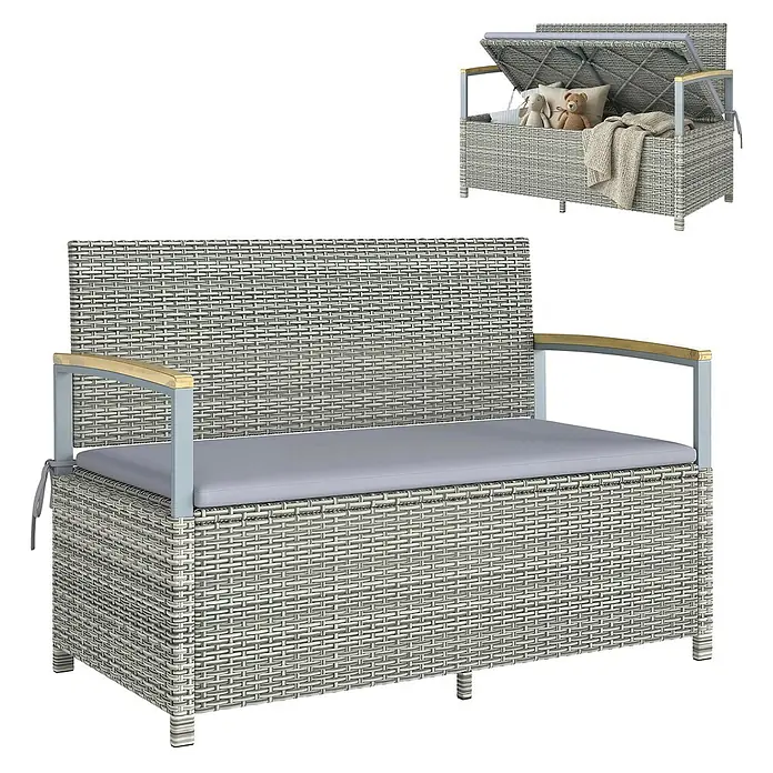 Outsunny Gartenbank mit integrierter Aufbewahrungsbox - B x T x H: 60 x 60 x 84 cm, PE-Rattan, Stahl, Akazienholz, Polyester, Hellgrau - Hellegraue Rattan-Optik Stauraumbank mit grauer Auflage und Holzarmlehnen, mit geöffnetem Deckel.
